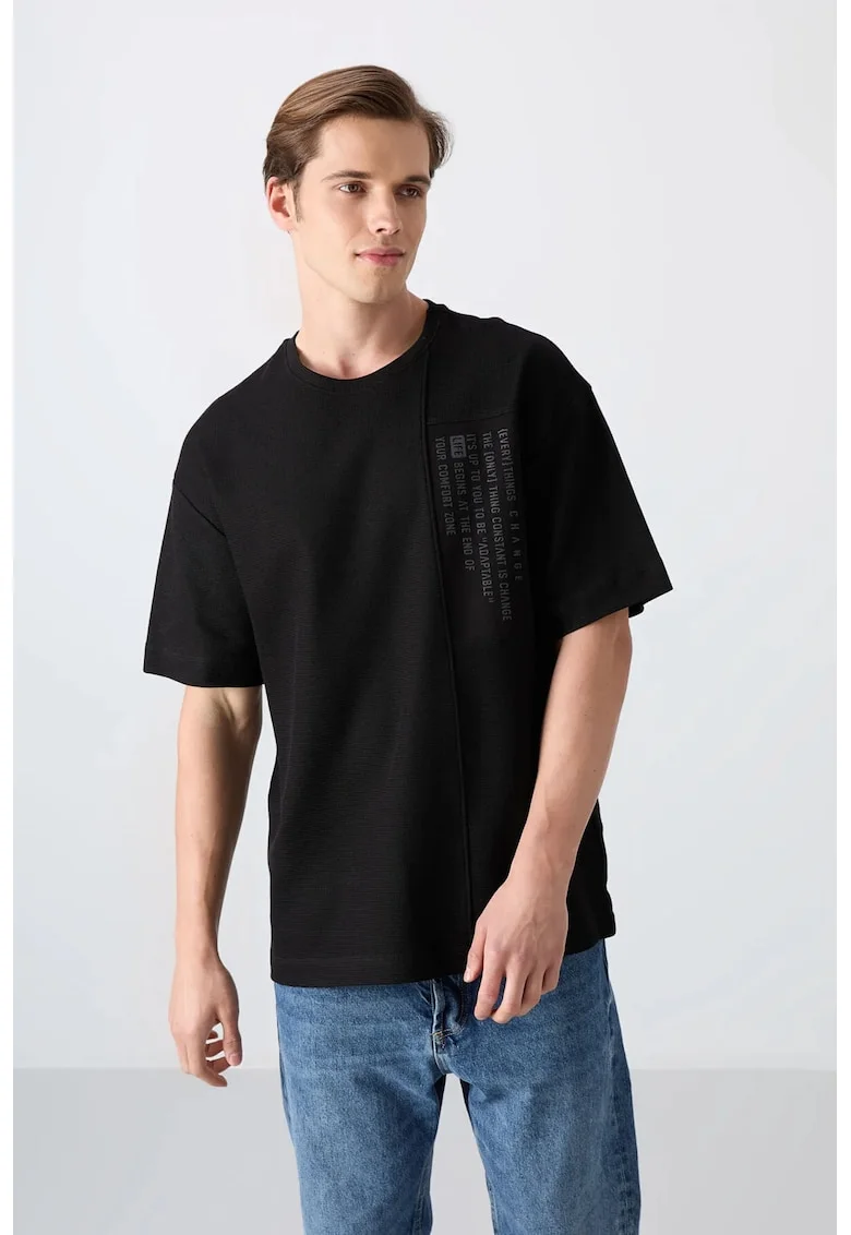 Tricou  supradimensionat cu guler rotund, imprimeu, negru, 93% bumbac, 7% poliester