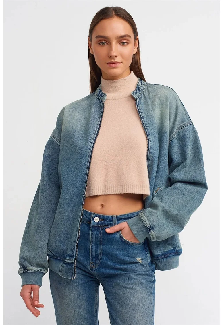 Geaca matlasata lunga,  denim albastru mediu, supradimensionata, fermoar, 100% bumbac