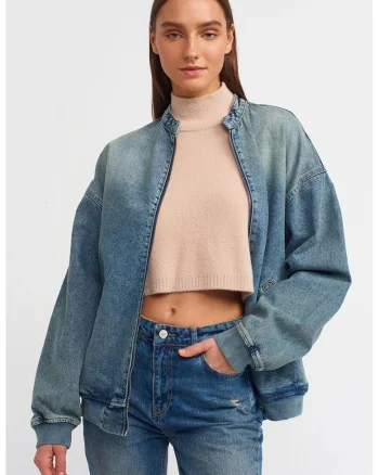 Geaca matlasata lunga,  denim albastru mediu, supradimensionata, fermoar, 100% bumbac