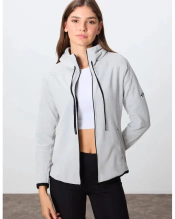 Hanorac cu gluga si fermoar  gri deschis, din plus, pentru femei, cu broderie