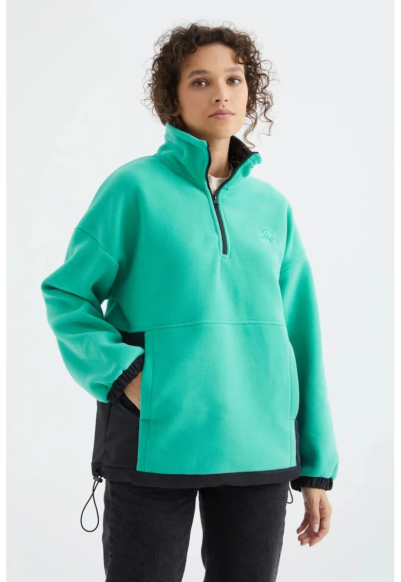 Hanorac  Oversized, din plus, maneca lunga, fermoar, albastru