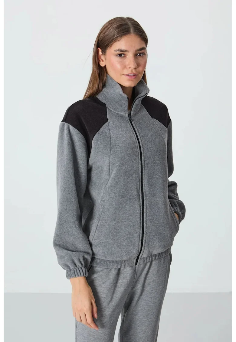 Hanorac dama,  Oversized Color Block, Gri, Fleece, Fermoar