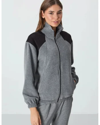 Hanorac dama,  Oversized Color Block, Gri, Fleece, Fermoar