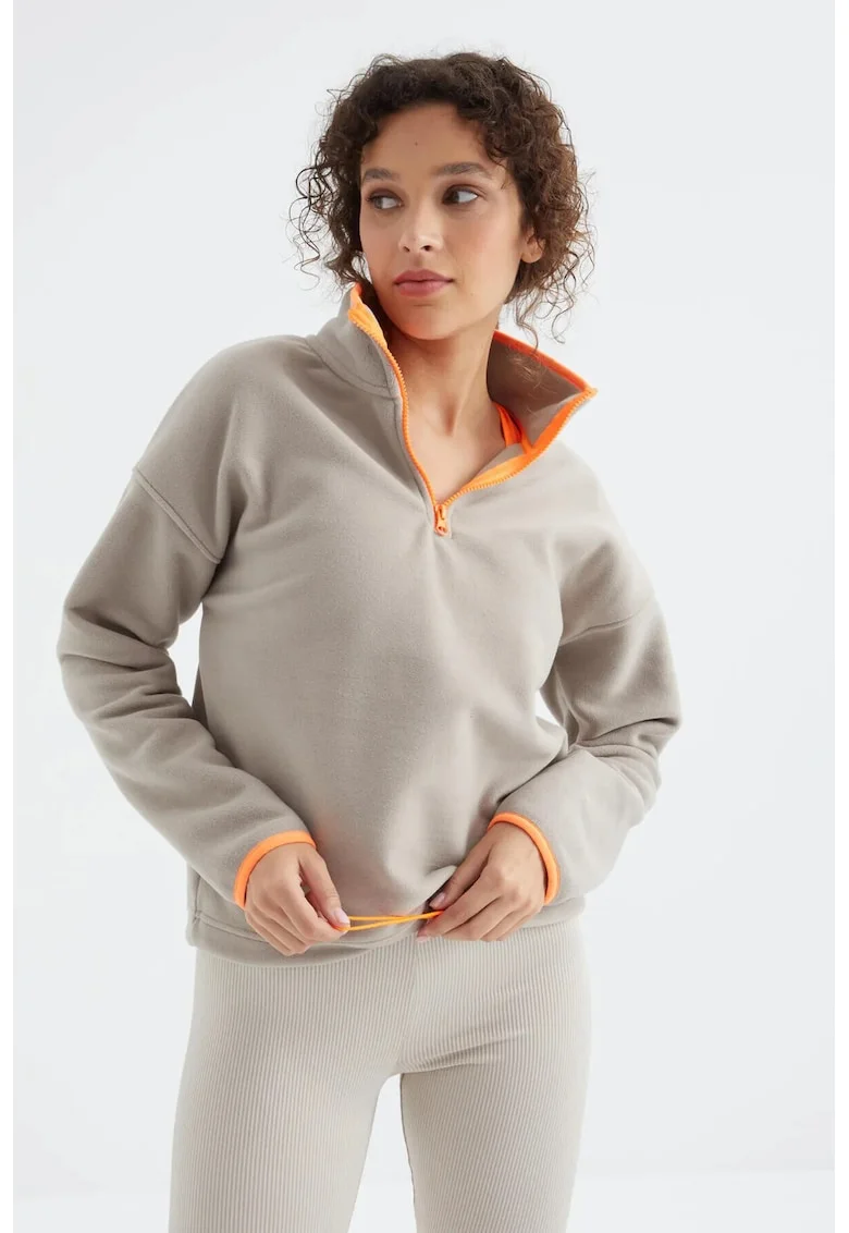 Hanorac dama,  oversized, culoare piatra naturala, material fleece, maneci lungi, fermoar