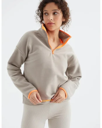 Hanorac dama,  oversized, culoare piatra naturala, material fleece, maneci lungi, fermoar