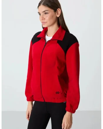 Hanorac dama,  oversized color block, fleece, maneci lungi, fermoar, rosu