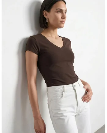 Bluza dama,  Bluza Slim Fit, decolteu in V, elastic, maro cafea, jerseu