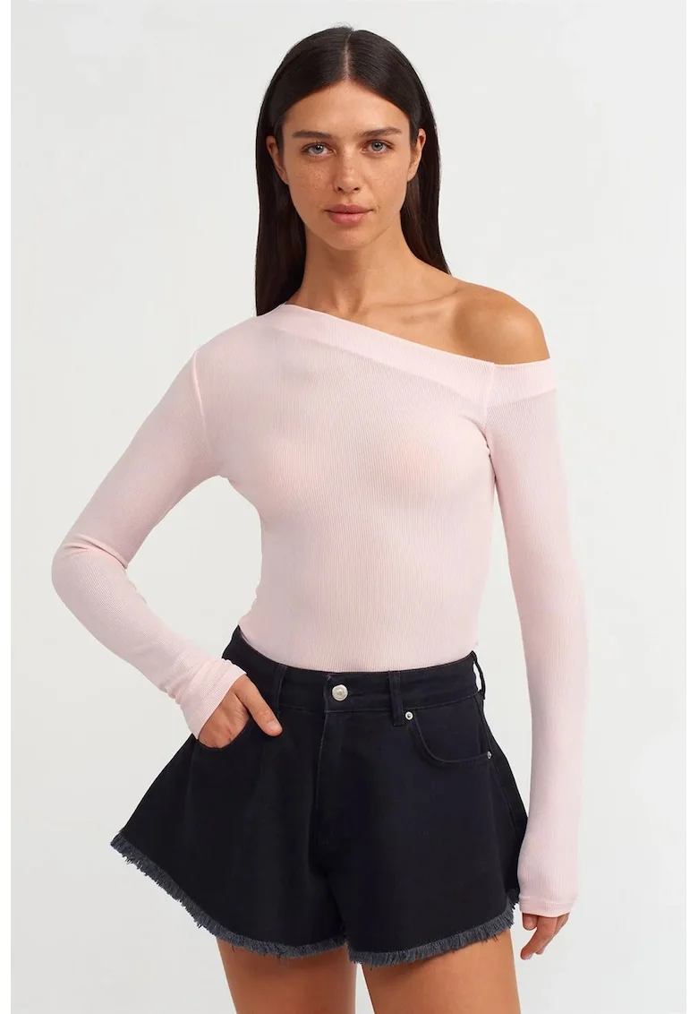 Bluza dama,  Bluza Slim Fit cu Decupaj Asimetric, roz pudra, poliester-elastan