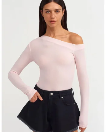 Bluza dama,  Bluza Slim Fit cu Decupaj Asimetric, roz pudra, poliester-elastan