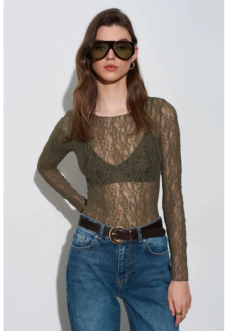 Bluza dama,  Bluza Slim Fit cu Dantela, Verde Kaki, Poliamida-Elastan