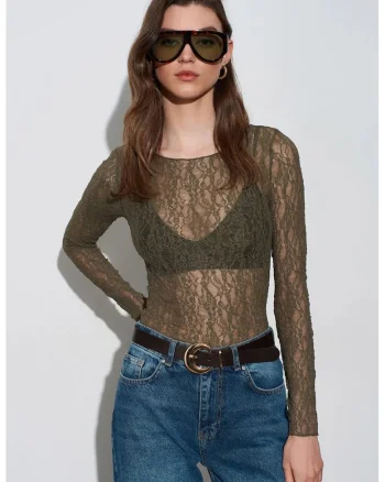 Bluza dama,  Bluza Slim Fit cu Dantela, Verde Kaki, Poliamida-Elastan