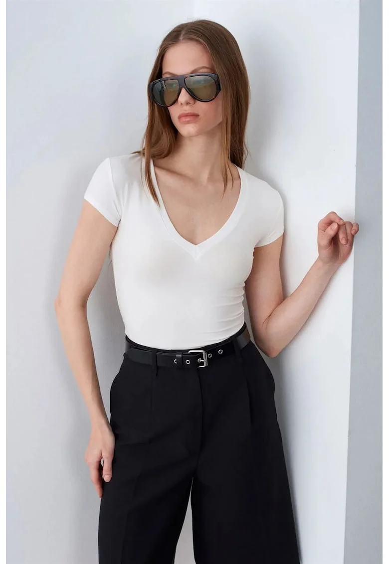 Bluza dama,  Bluza Slim Fit, decolteu in V, alb, jerseu, maneca scurta