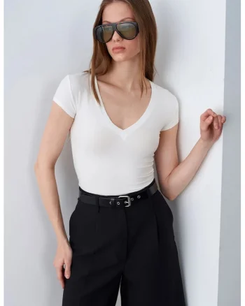 Bluza dama,  Bluza Slim Fit, decolteu in V, alb, jerseu, maneca scurta