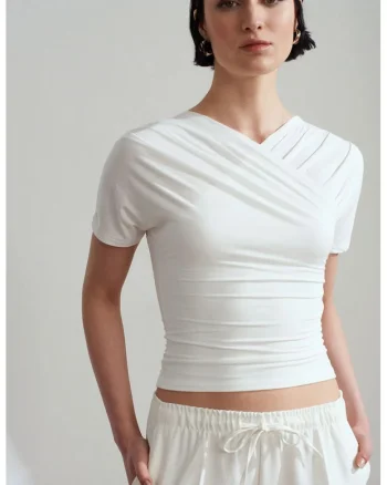 Bluza dama,  bluza slim fit, decolteu in V, alb, jerseu