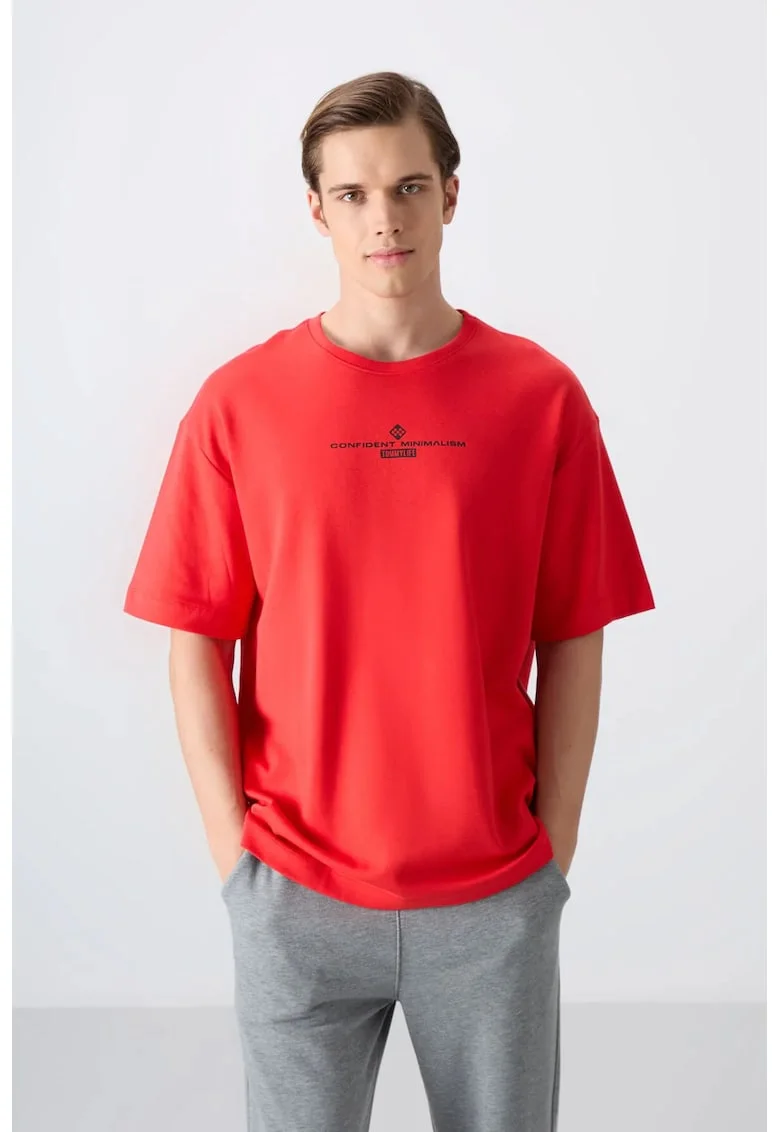 Tricou  supradimensionat, rosu, amestec de bumbac, imprimat pe spate