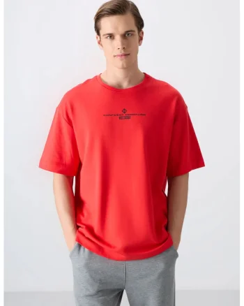 Tricou  supradimensionat, rosu, amestec de bumbac, imprimat pe spate