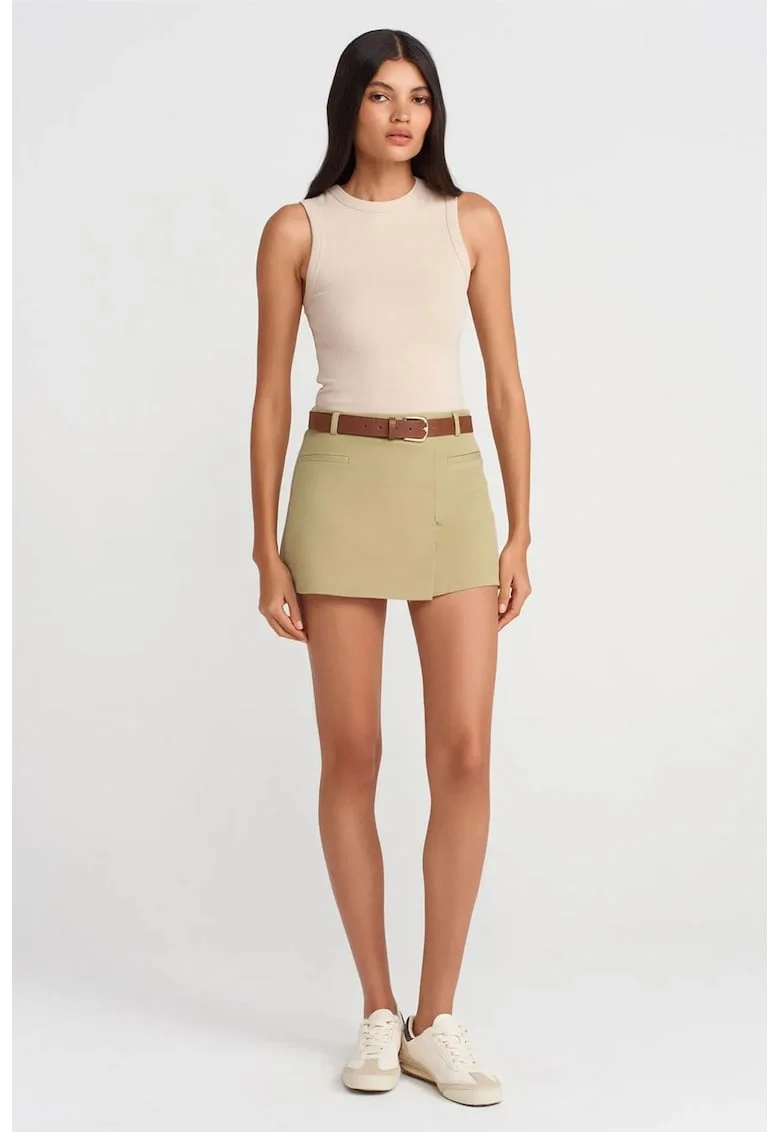 Fusta,  mini A-line, talie inalta, verde kaki, poliester/viscoza/elastan