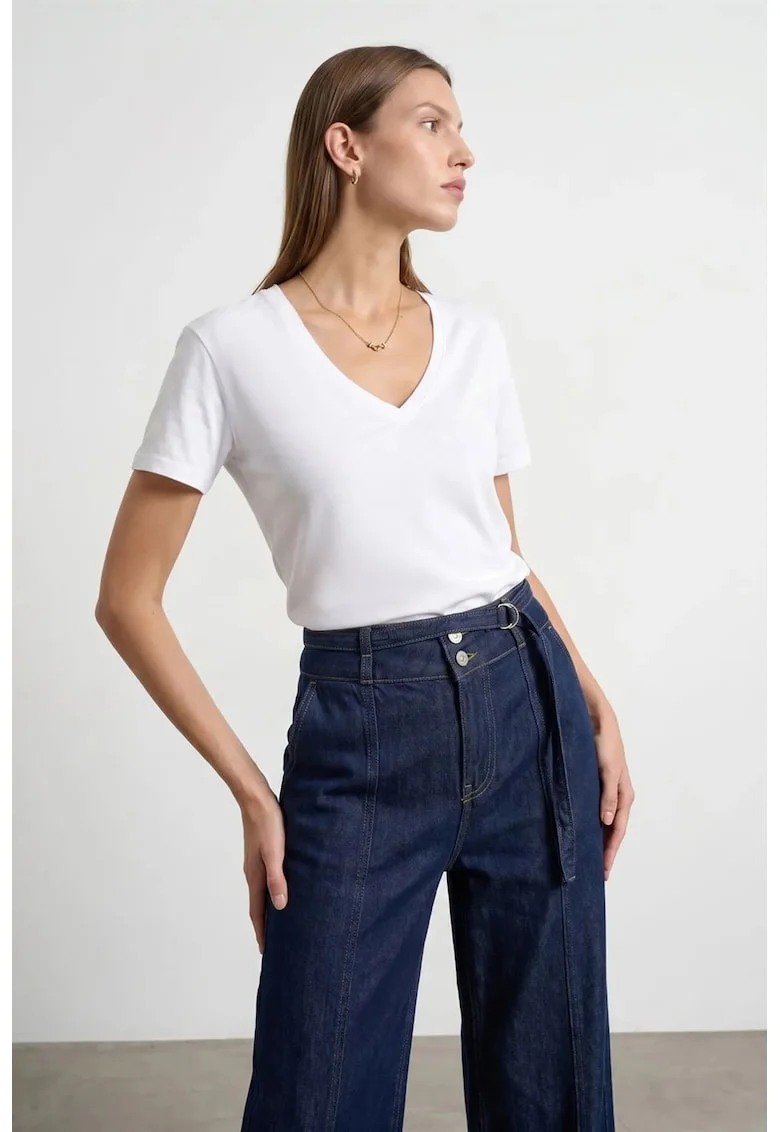 Bluza dama,  regular fit, decolteu in V, maneca scurta, Alb, bumbac Tencel