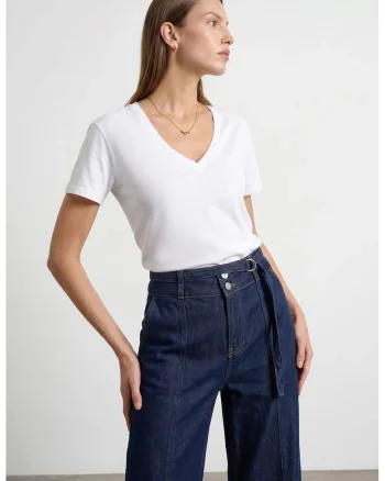 Bluza dama,  regular fit, decolteu in V, maneca scurta, Alb, bumbac Tencel