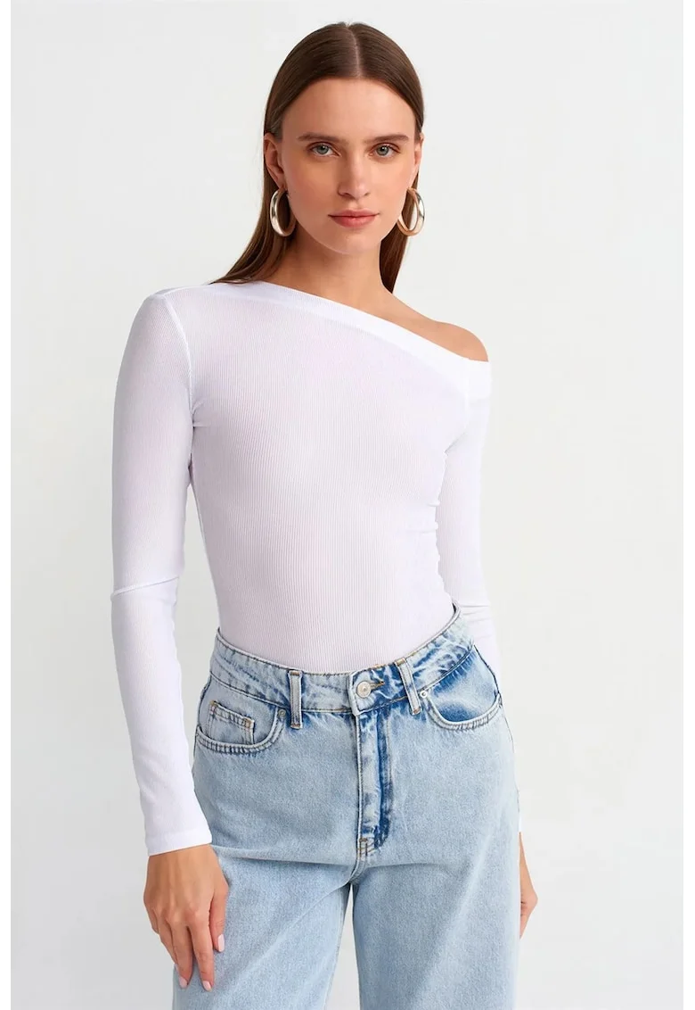 Bluza dama,  Bluza Slim Fit cu Decupaj Asimetric, Alb, Poliester-Elastan