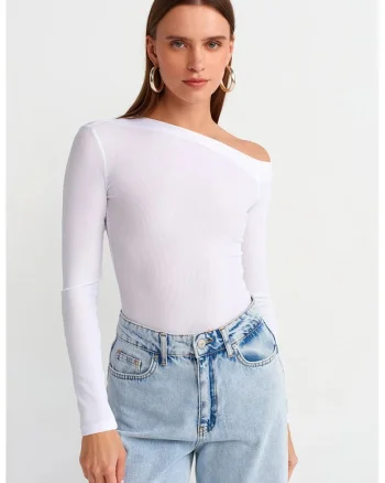Bluza dama,  Bluza Slim Fit cu Decupaj Asimetric, Alb, Poliester-Elastan