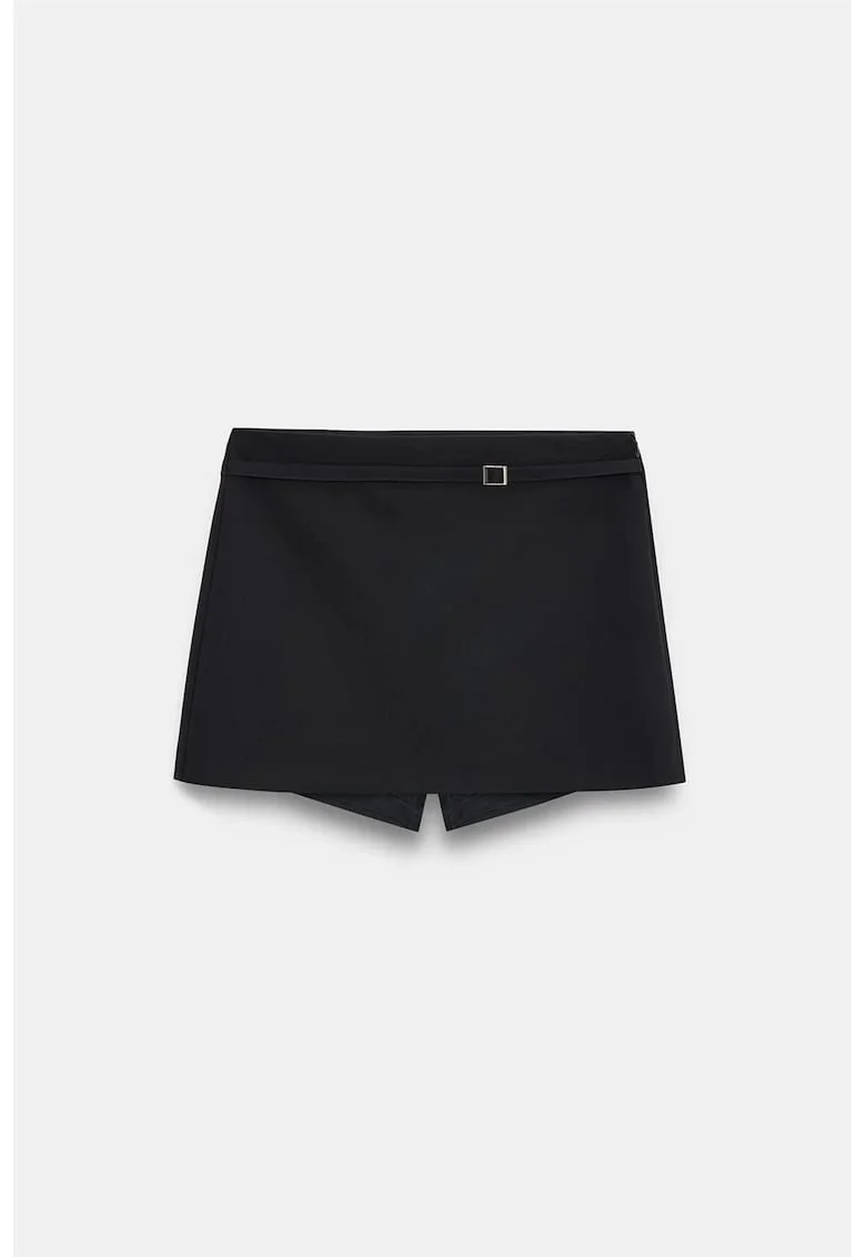 Fusta mini  A-line, cu talie inalta si curea, neagra, poliester/viscoza/elastan