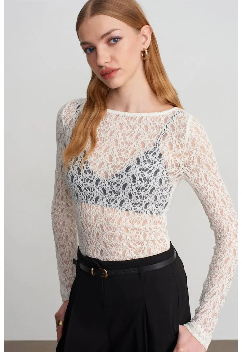 Bluza  slim fit, dantela, alb, elegant