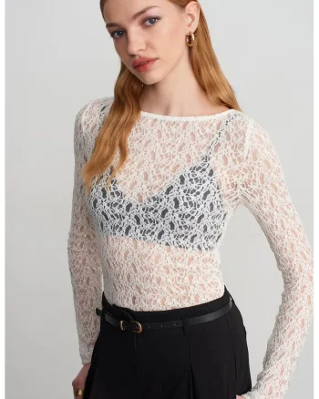 Bluza  slim fit, dantela, alb, elegant