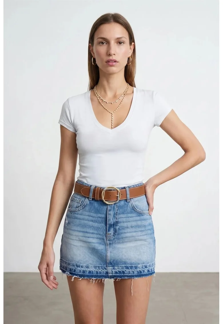 Bluza dama,  bluza din jerseu slim fit, decolteu in V, alb, elastic