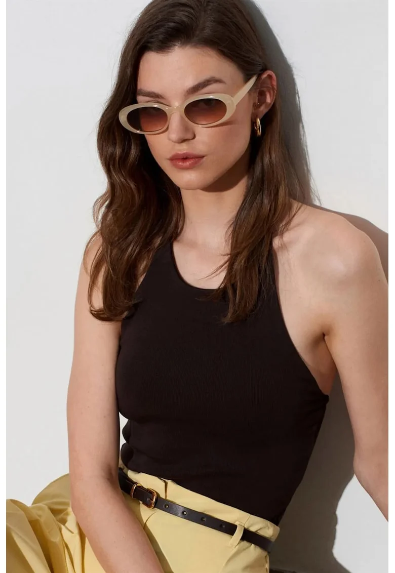 Bluza dama,  Bluza Slim Fit Halterneck, elastic, negru, bumbac-elastan