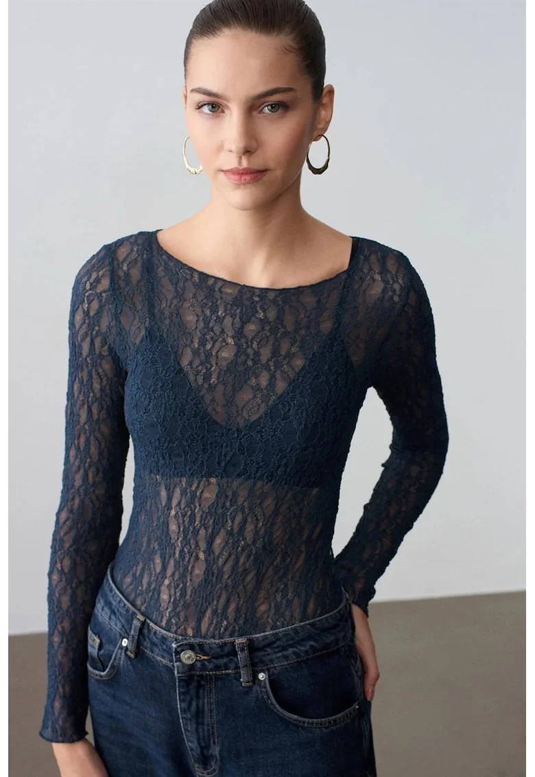 Bluza dama,  Bluza Slim Fit cu Dantela, Albastru Marin, Elegant, Maneca lunga