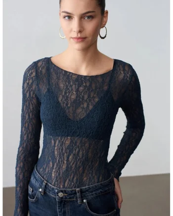Bluza dama,  Bluza Slim Fit cu Dantela, Albastru Marin, Elegant, Maneca lunga
