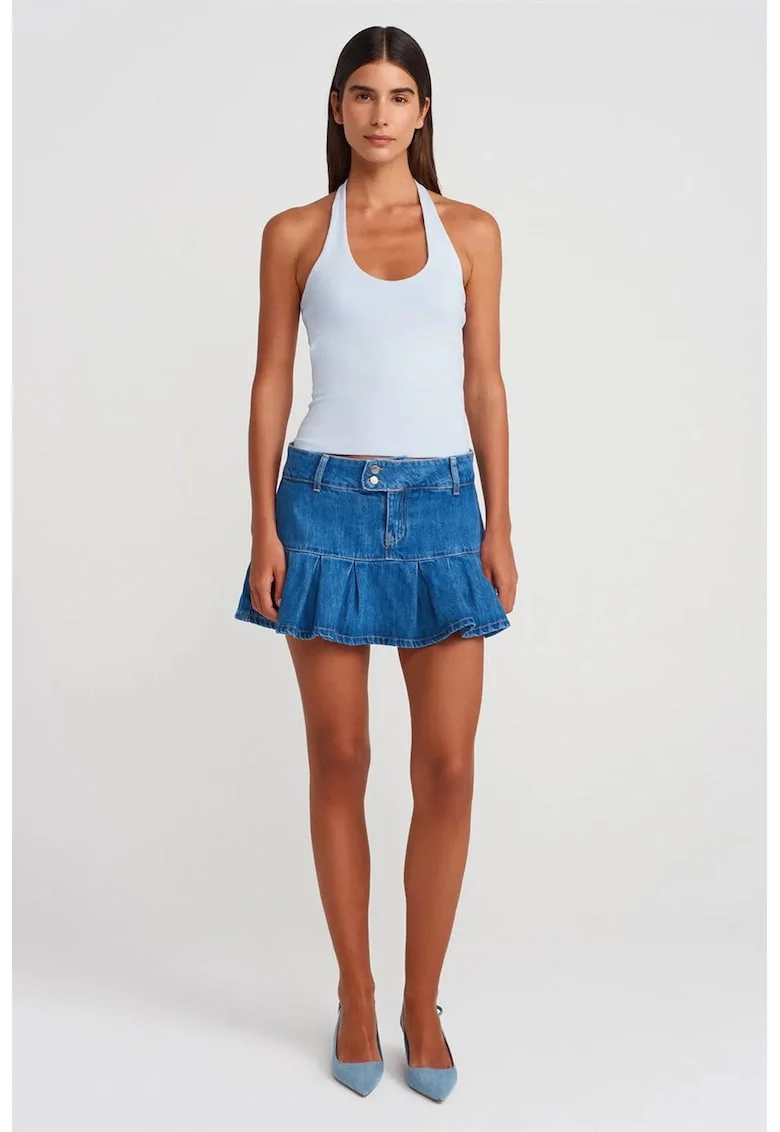 Fusta  Mini Skater din Denim, Albastru, Talie Medie, Scurta