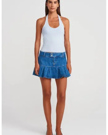Fusta  Mini Skater din Denim, Albastru, Talie Medie, Scurta