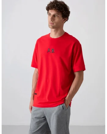 Tricou  supradimensionat cu guler rotund, broderie, rosu, barbati