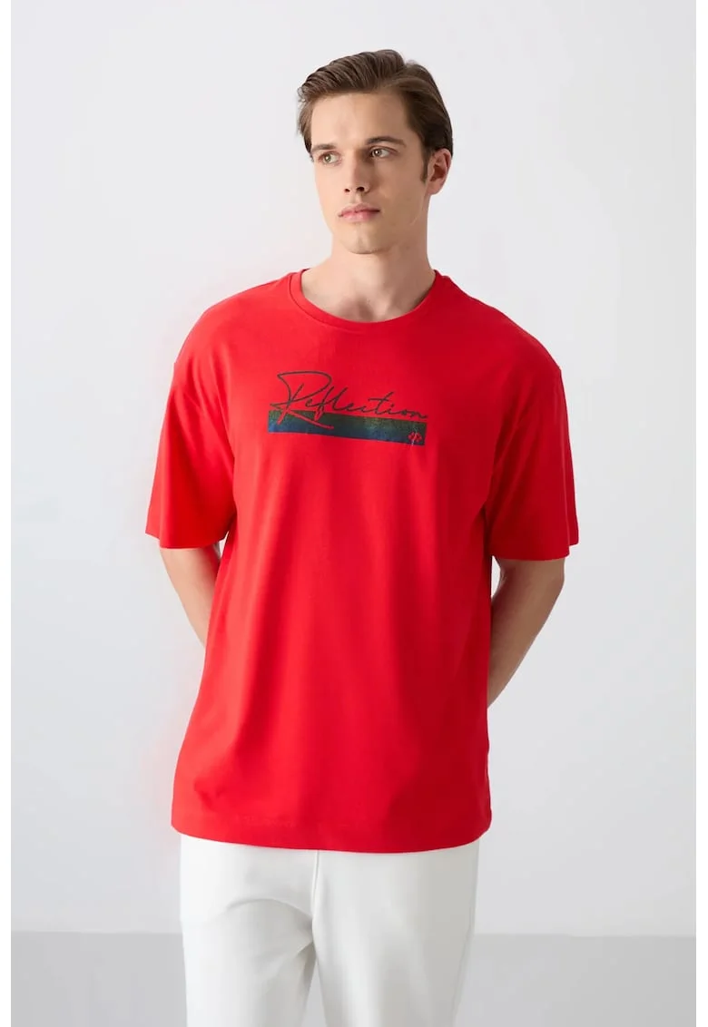 Tricou  supradimensionat imprimat, rosu, amestec de bumbac