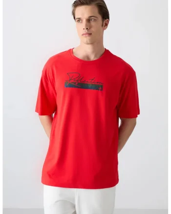 Tricou  supradimensionat imprimat, rosu, amestec de bumbac