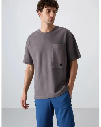 Tricou  supradimensionat, gri antracit, amestec de bumbac cu guler rotund si buzunar, pentru femei