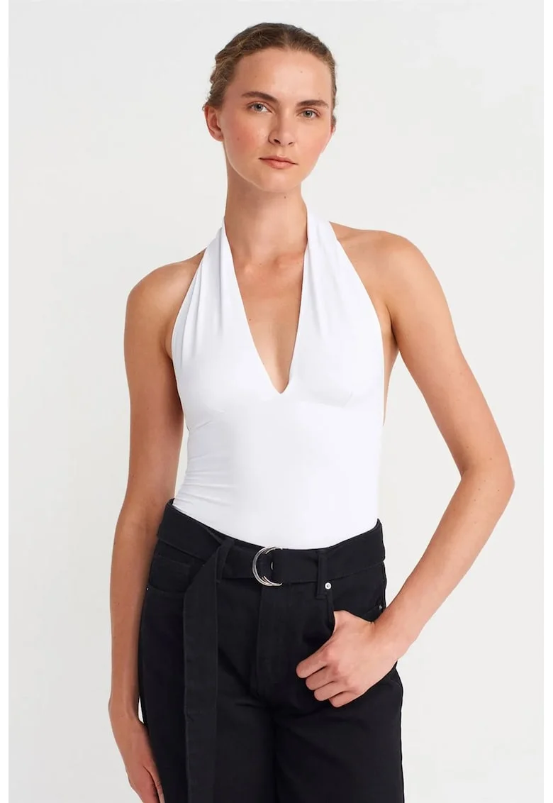 Bluza dama,  slim-fit, alb, tricot subtire, guler halter, fara inchidere