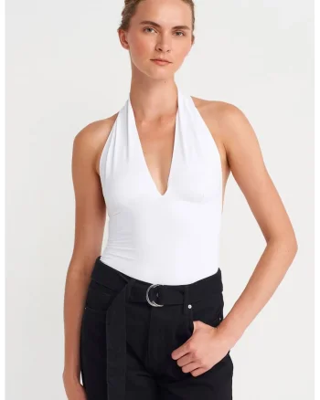 Bluza dama,  slim-fit, alb, tricot subtire, guler halter, fara inchidere