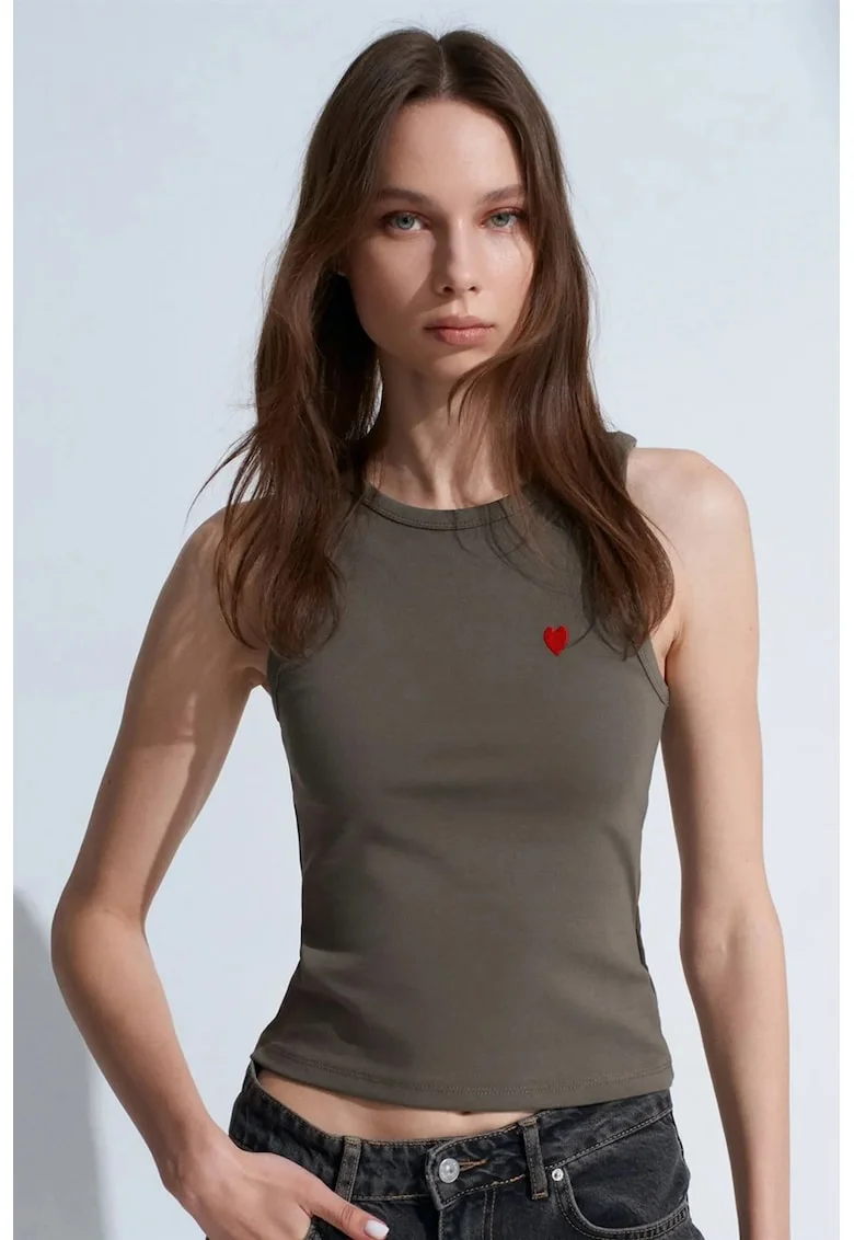 Bluza dama,  bluza brodata, slim-fit, verde kaki, bumbac-elastan