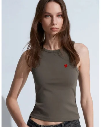Bluza dama,  bluza brodata, slim-fit, verde kaki, bumbac-elastan