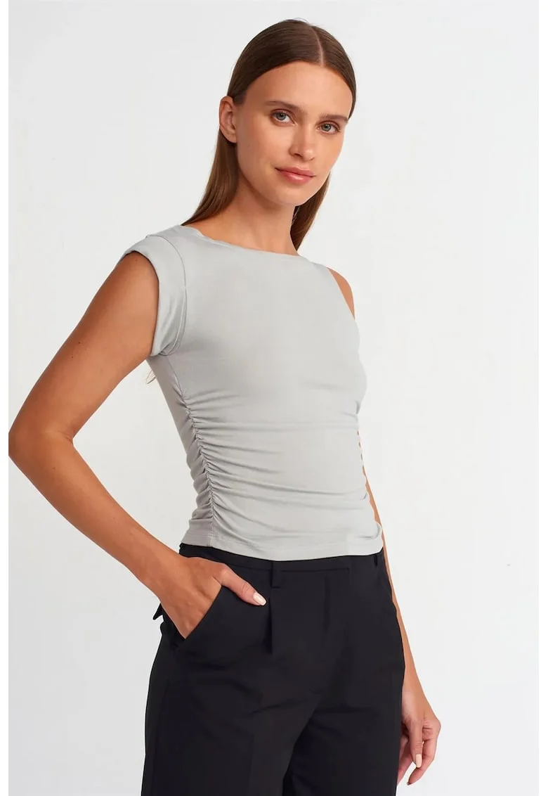 Bluza dama,  bluza fara maneci, croiala slim-fit, gri deschis, viscoza-elastan