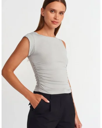Bluza dama,  bluza fara maneci, croiala slim-fit, gri deschis, viscoza-elastan
