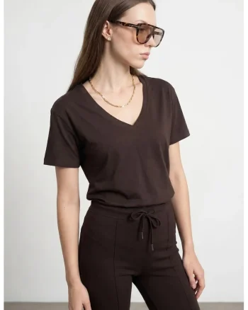 Bluza dama,  Bluza din bumbac Tencel, decolteu in V, maneca scurta, maro cafea, casual