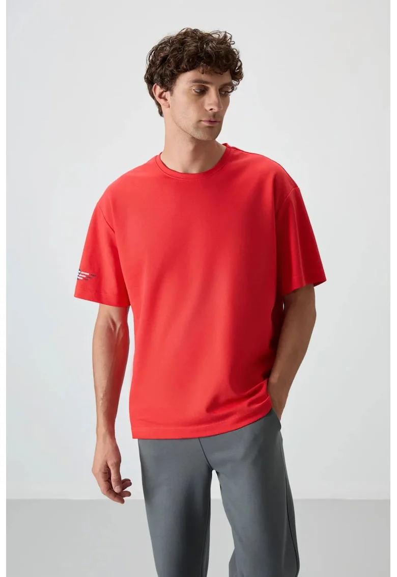 Tricou  supradimensionat, imprimeu, rosu, 80% bumbac, 20% poliester