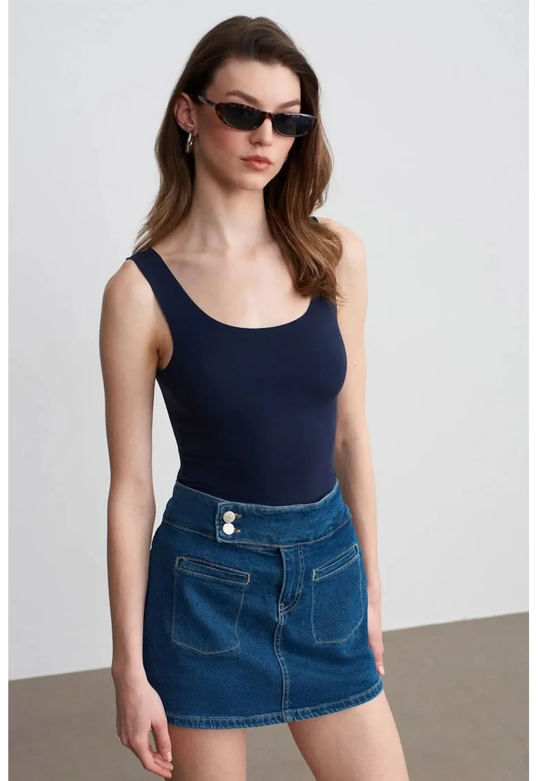 Fusta mini,  dreapta, talie inalta, bumbac/elastan, denim albastru mediu
