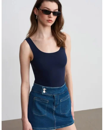 Fusta mini,  dreapta, talie inalta, bumbac/elastan, denim albastru mediu