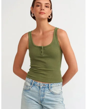 Bluza dama,  fara maneci, casual, verde kaki, bumbac elastan