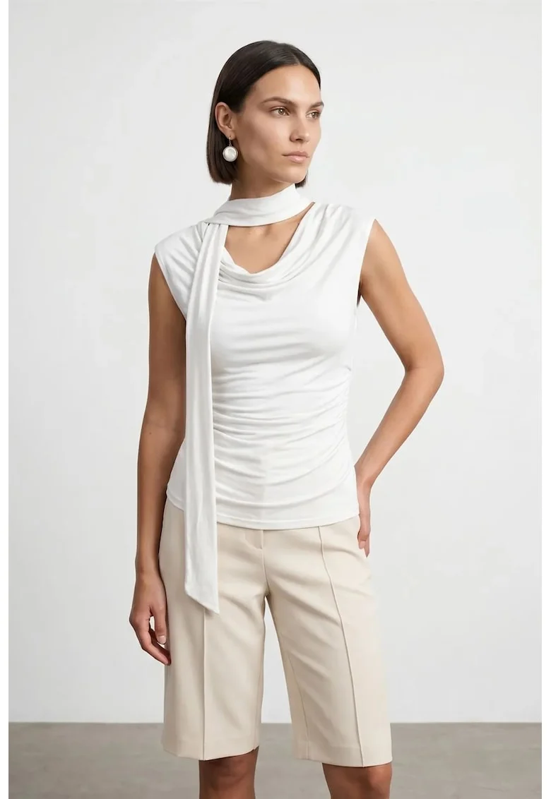 Bluza dama,  bluza din jerseu fara maneci, drapaj, alb prafuit, viscoza-elastan
